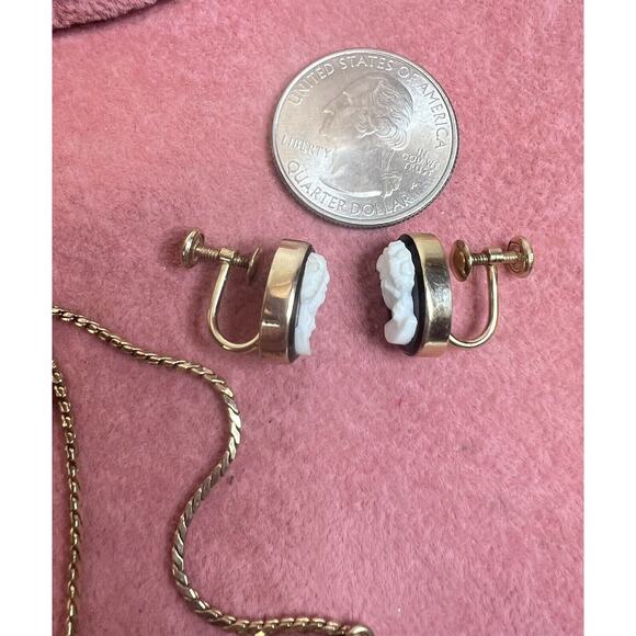 Vintage Van Dell 12K GF Cameo Lady Black Onyx Glass Necklace with Earrings - Picture 11 of 14